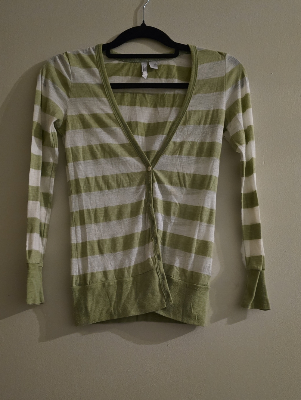 Striped Green and White Women's Lightweight V-Neck Cardigan Sweater